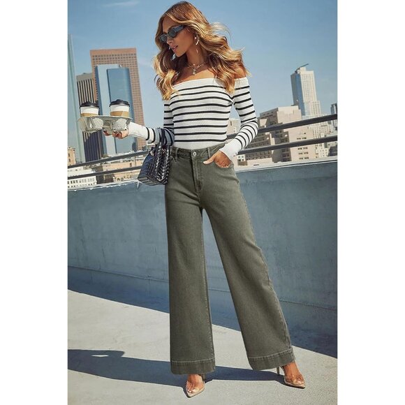 Women Guacamole Green Wide Leg Denim Jeans Stretchy Loose Pant with Pockets - Picture 4 of 6